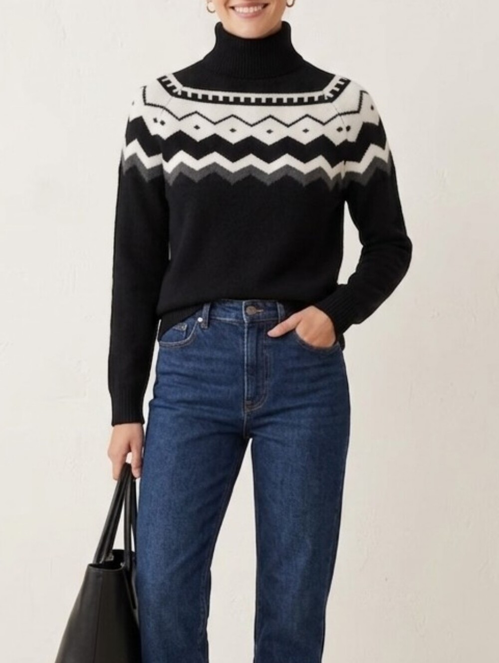 Oats Cashmere Black & White Fair Isle Geometric Yoke Turtleneck Knit Sweater